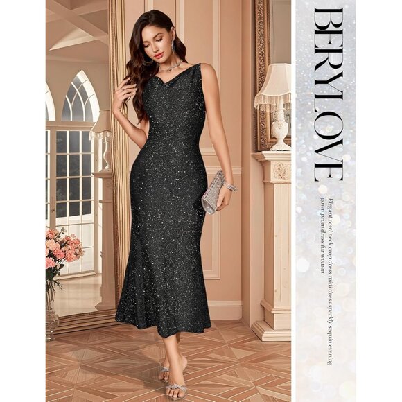 Formal Sequin Dress Womens Large Cowl Neck Bodycon Party Gown - Picture 6 of 6